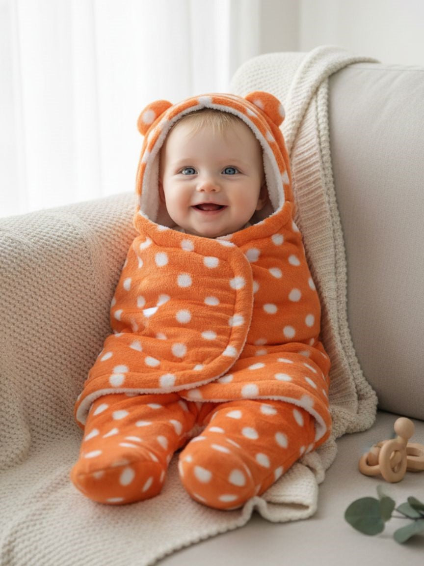 Soft Plush Winter Hooded Dot Print Swaddle for Newborns
