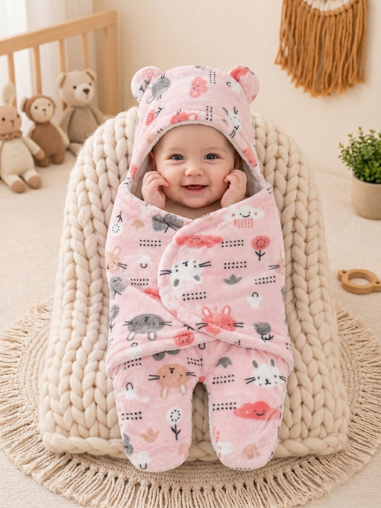 Soft Plush Hooded Printed Swaddle for Newborns