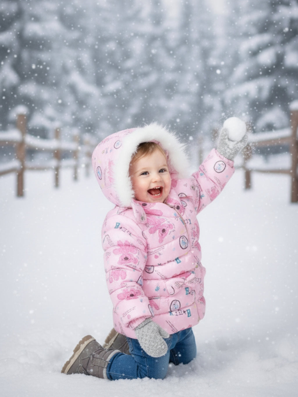 SnowBunny Winter Puffer Jacket with Faux-Fur Hood for baby girls