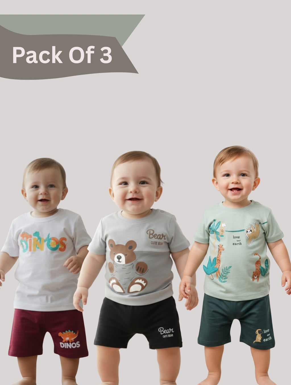 Pack Of 3 Printed Cotton T-shirt & Shorts Set For Baby