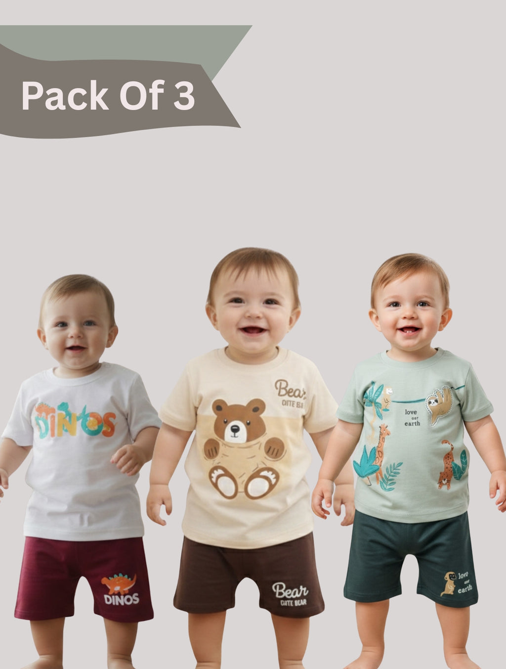 Pack Of 3 Printed Cotton T-shirt & Shorts Set For Baby