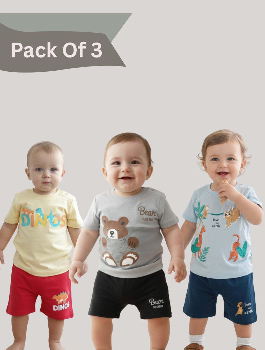 Pack Of 3 Printed Cotton T-shirt & Shorts Set For Baby