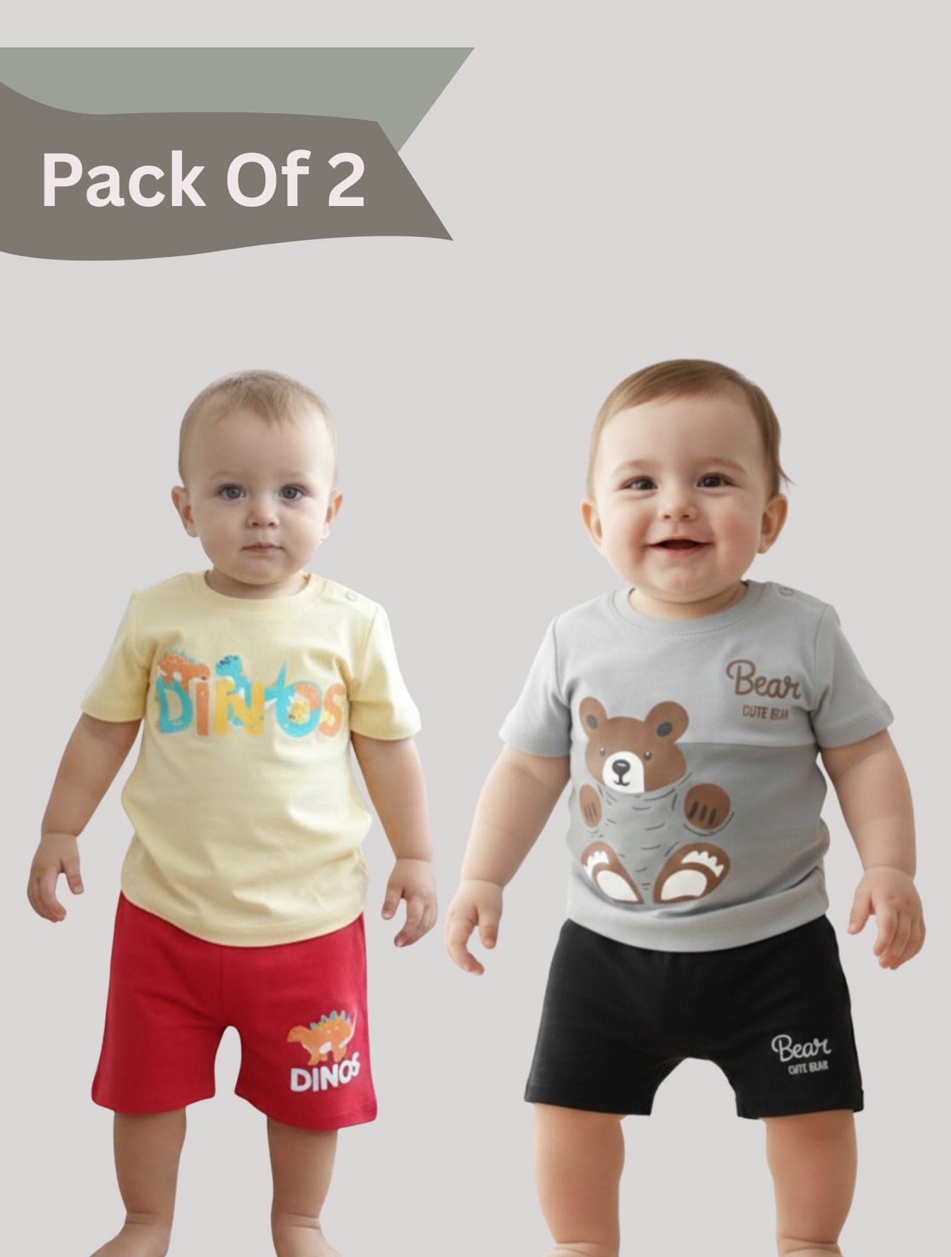 Pack Of 2 Printed Cotton T-shirt & Shorts Set For Baby