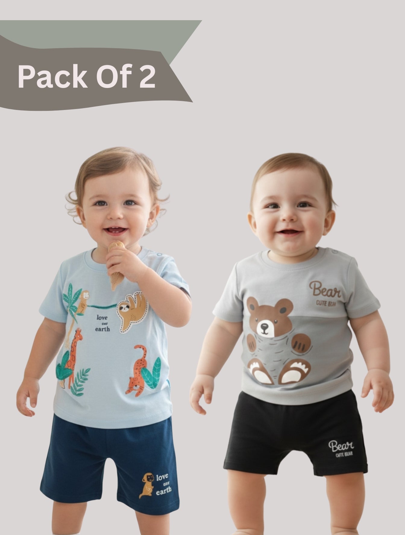 Pack Of 2 Printed Cotton T-shirt & Shorts Set For Baby
