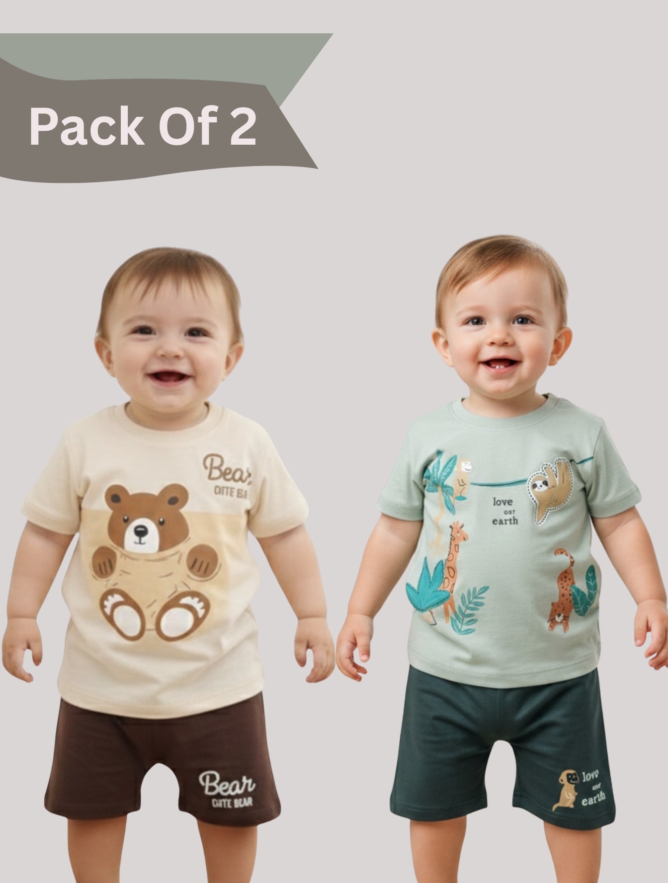 Pack Of 2 Printed Cotton T-shirt & Shorts Set For Baby
