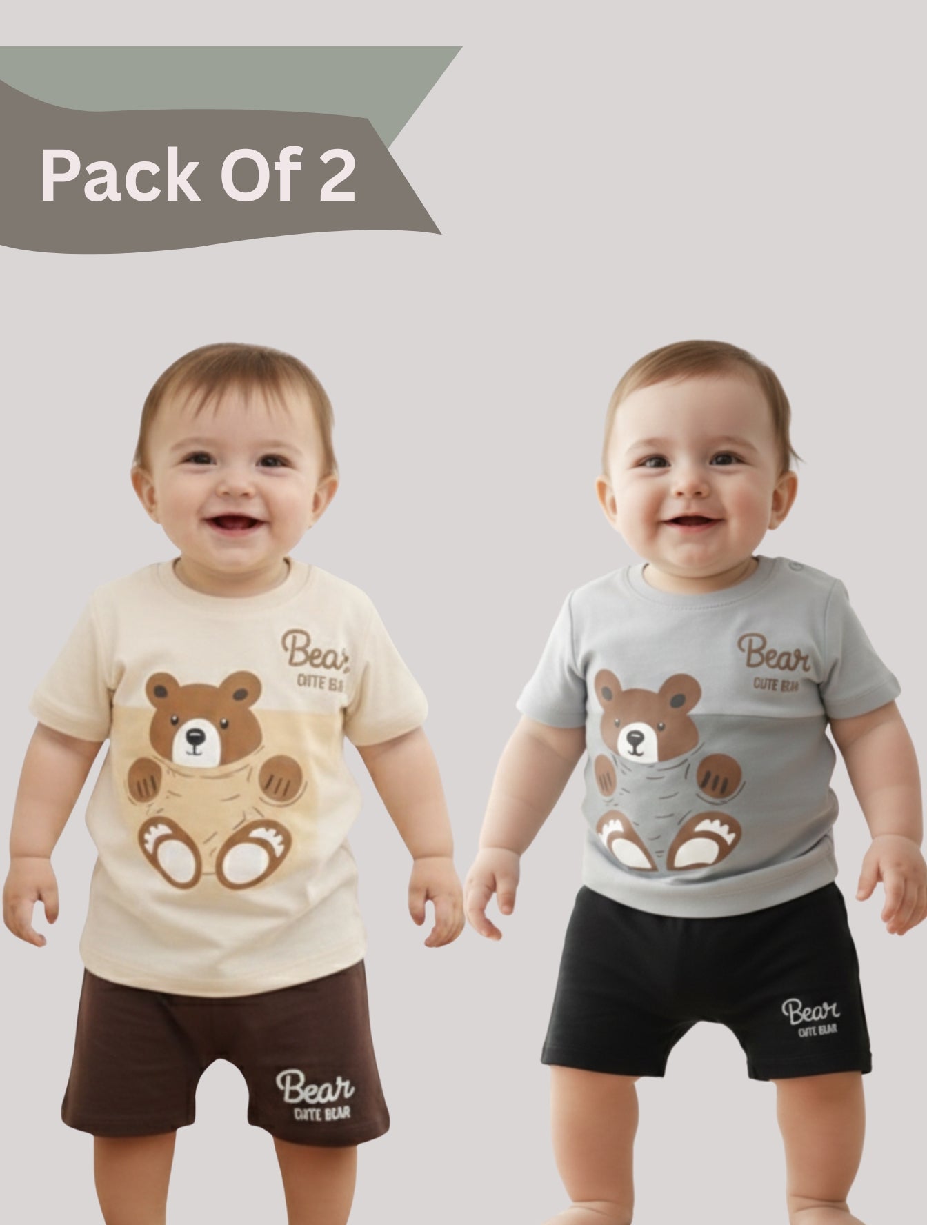 Pack Of 2 Printed Cotton T-shirt & Shorts Set For Baby