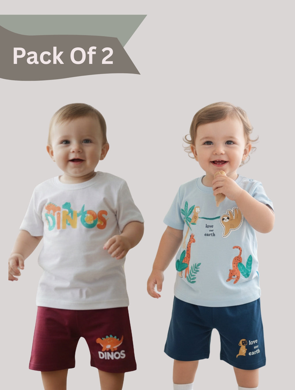 Pack Of 2 Printed Cotton T-shirt & Shorts Set For Baby