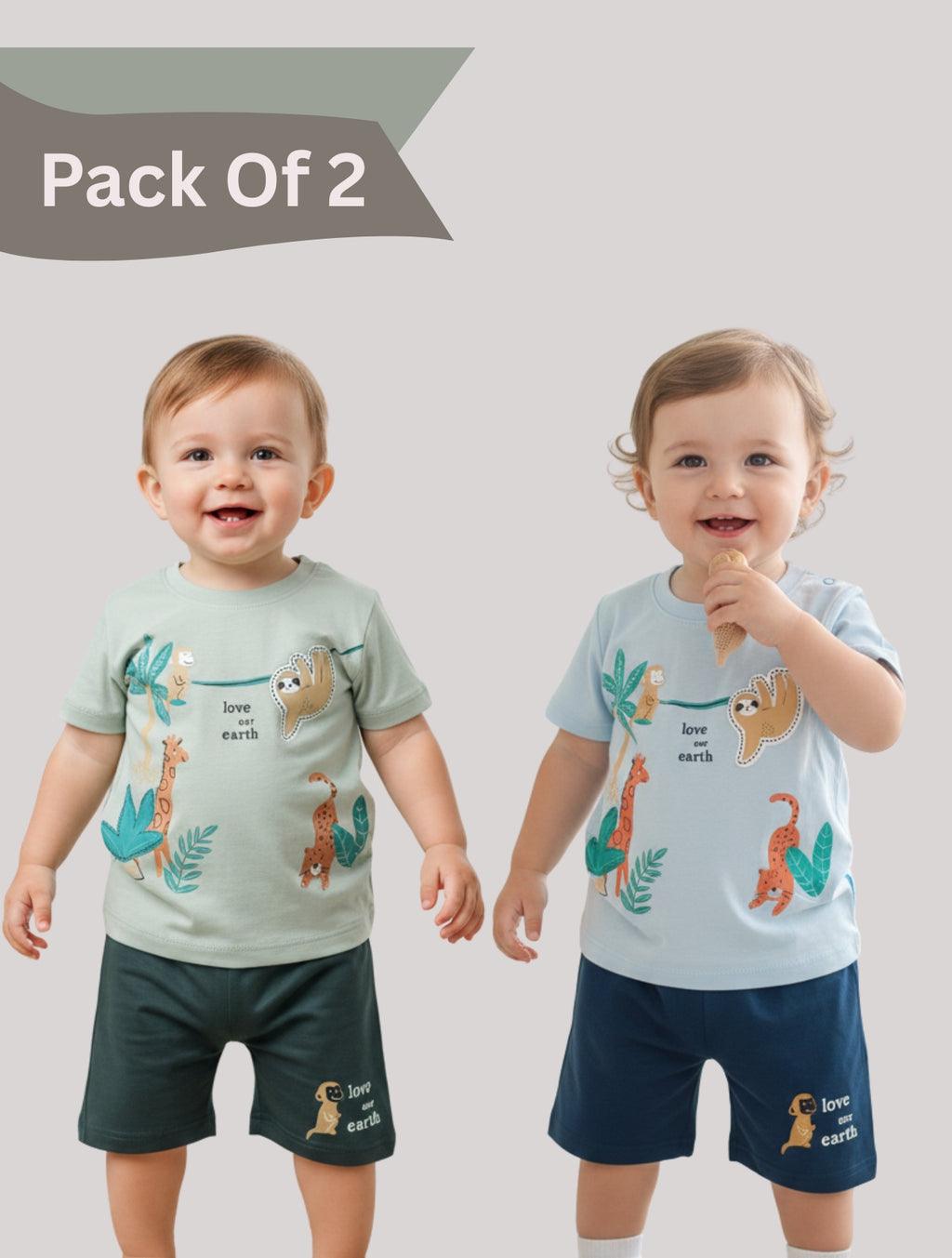 Pack Of 2 Printed Cotton T-shirt & Shorts Set For Baby