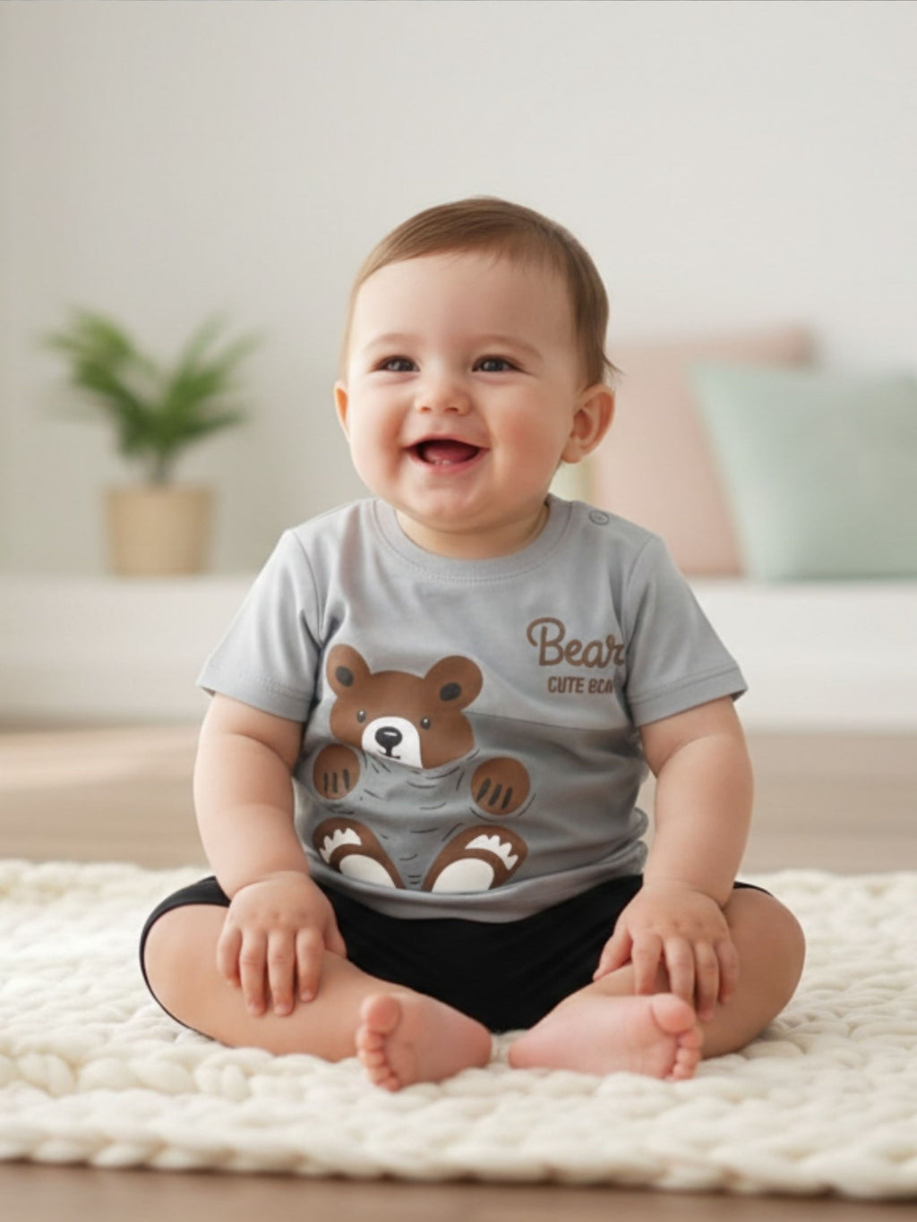 Bear Print Cotton T-Shirt & Shorts Set – Soft Summer Outfit for Baby