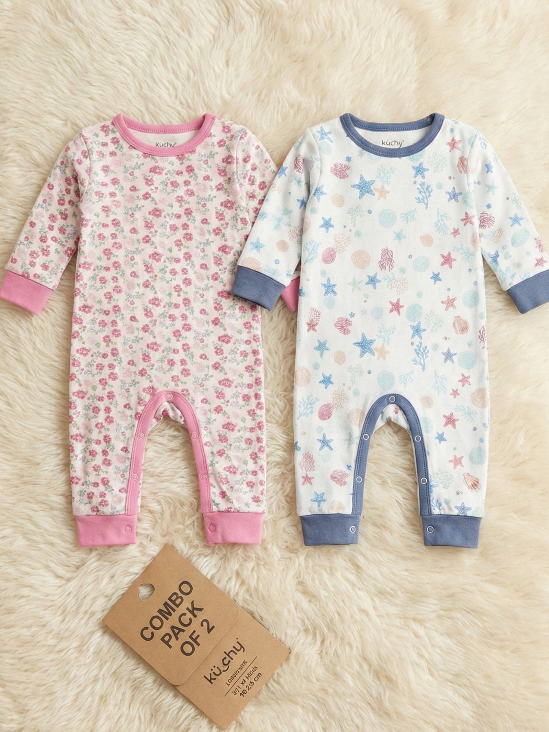 Kucci Full-sleeve, Printed Cotton Rompers (Pack of 2)