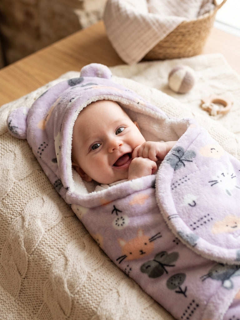 Soft Plush Hooded Printed Swaddle for Newborns