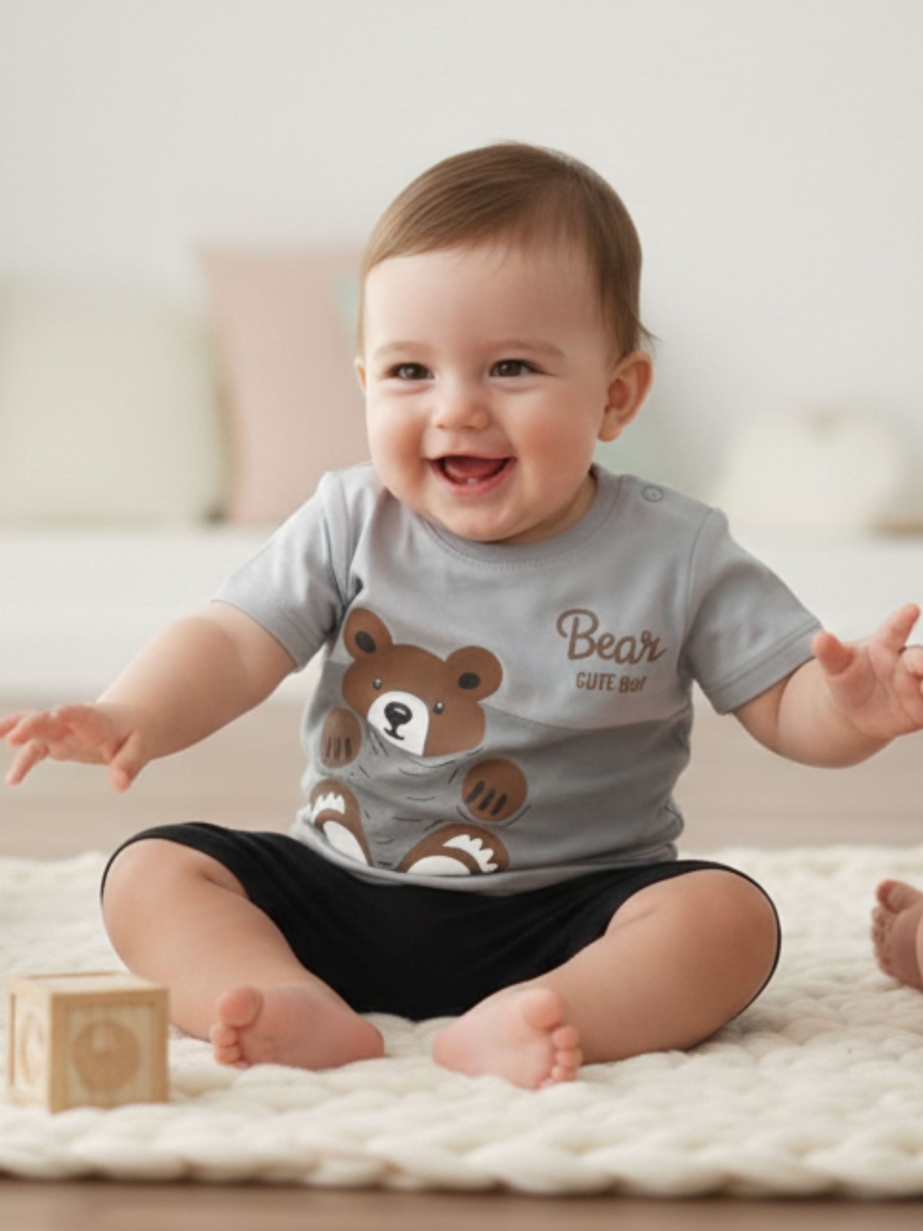 Bear Print Cotton T-Shirt & Shorts Set – Soft Summer Outfit for Baby