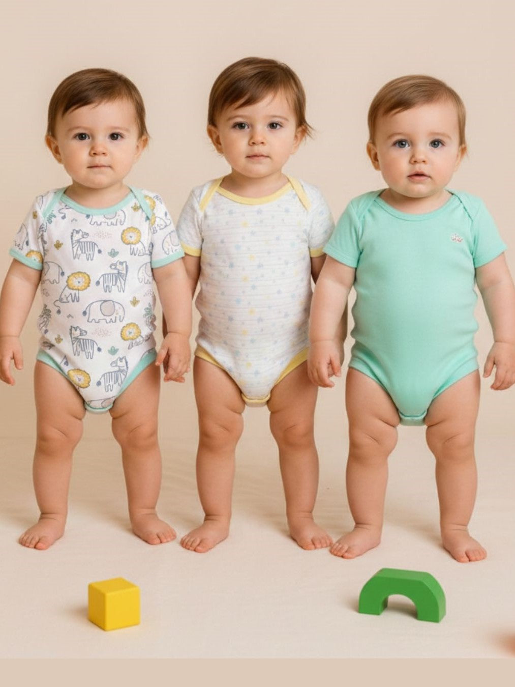 Kucci Short-sleeve, Printed and Plain Cotton Rompers (Pack of 3)(Mint Green)