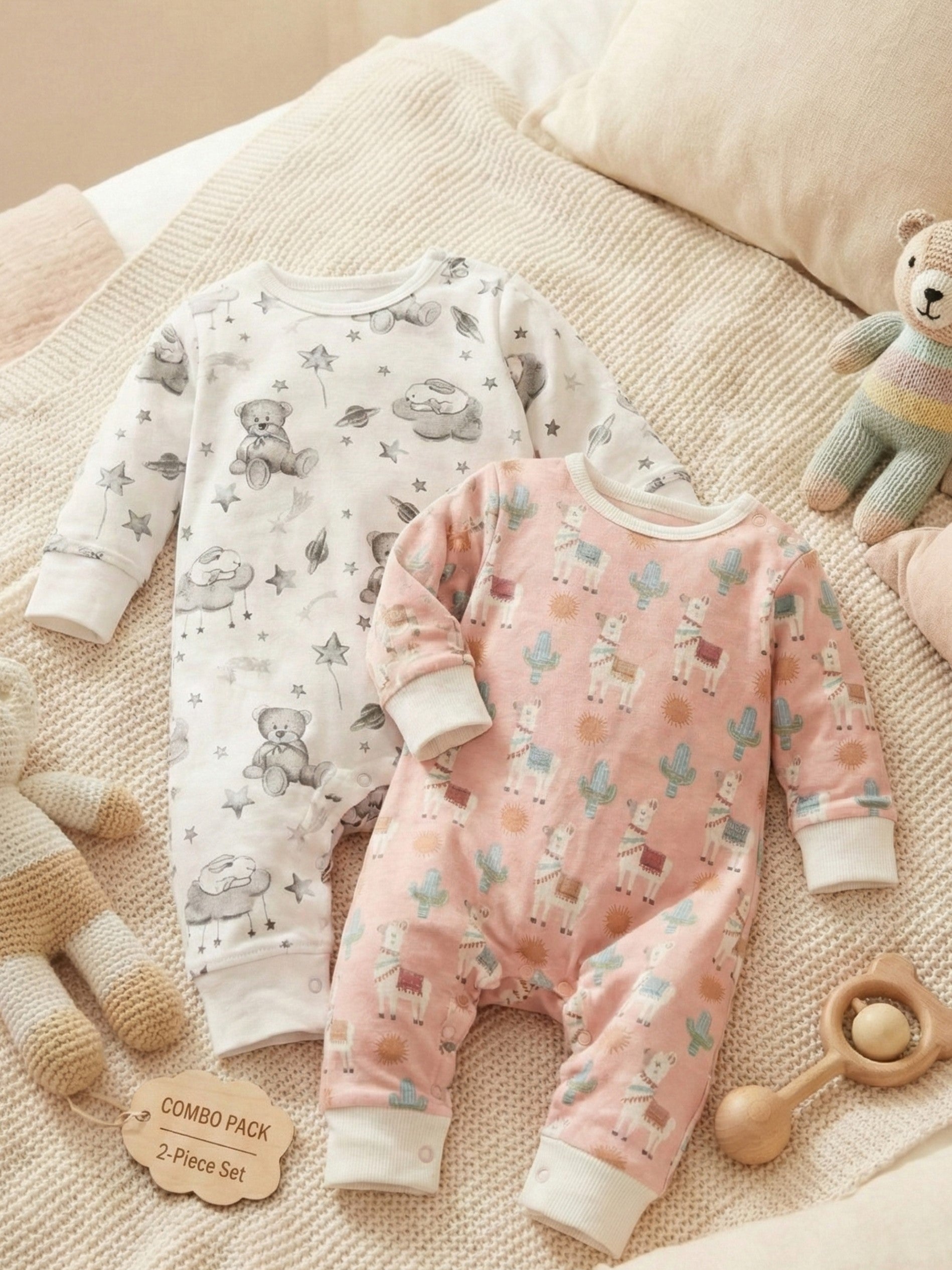 Kucci Full-sleeve, Printed Cotton Rompers - (Pack of 2)