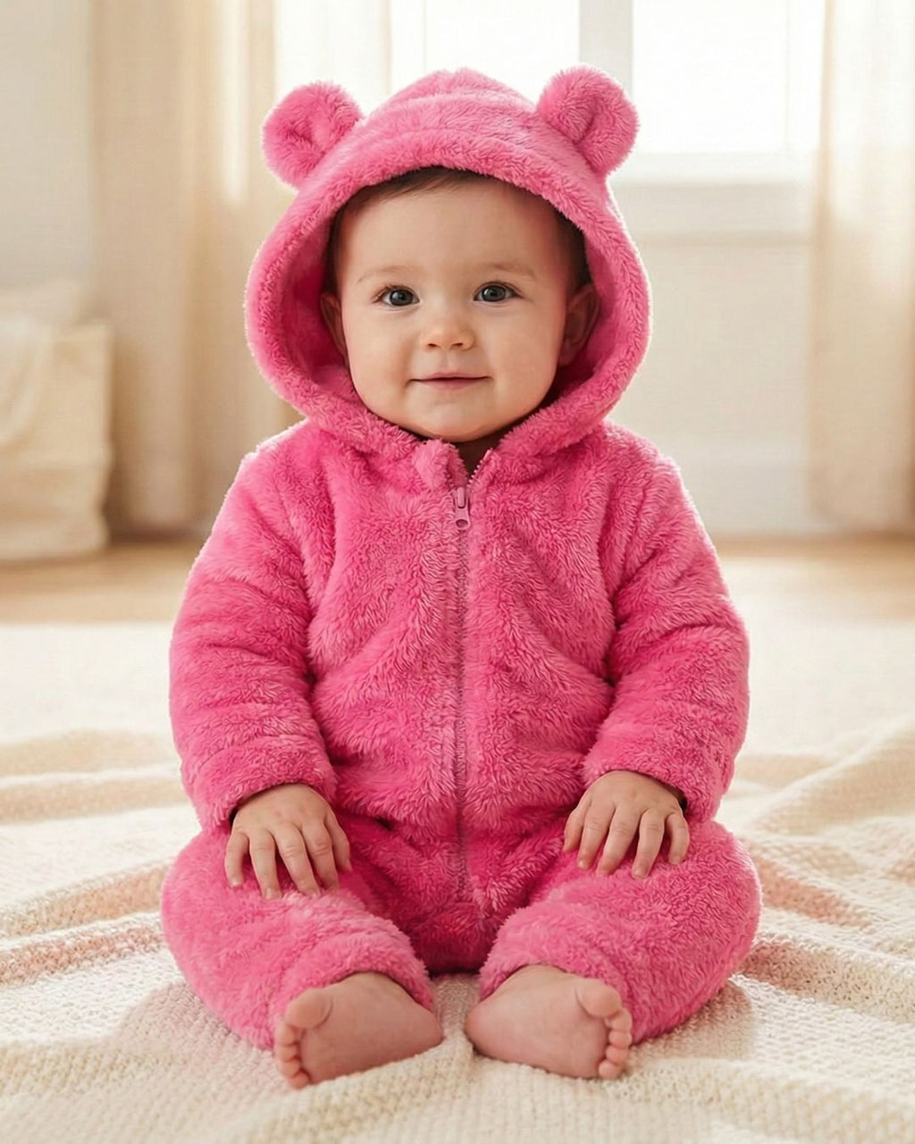 BabyZone Cozy Bear Hooded Plush Baby Romper