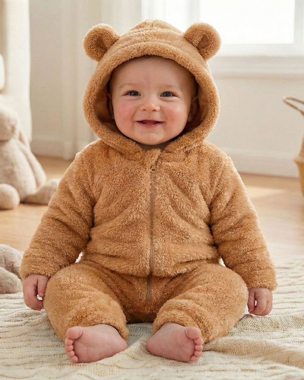BabyZone Cozy Bear Hooded Plush Baby Romper