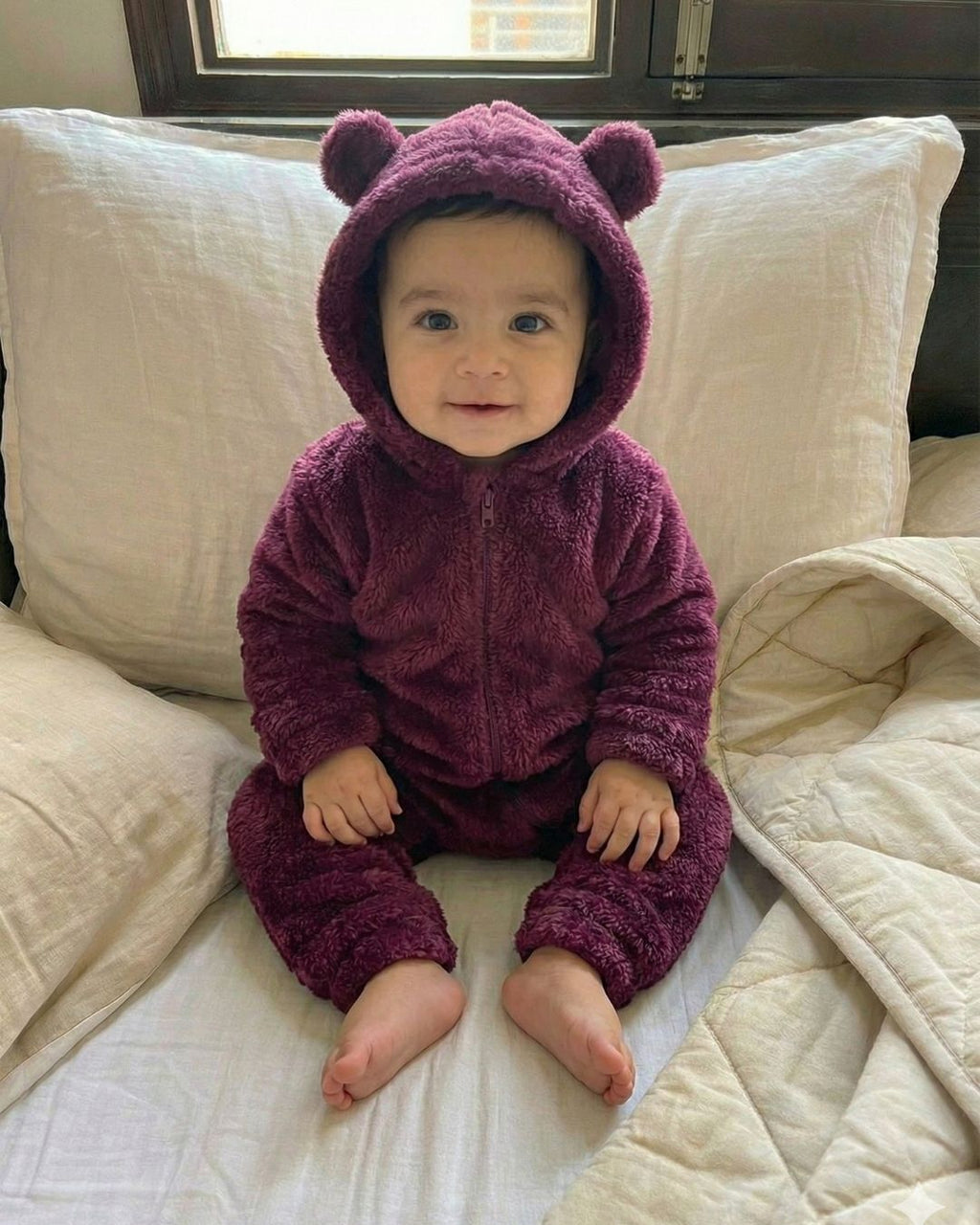 BabyZone Cozy Bear Hooded Plush Baby Romper