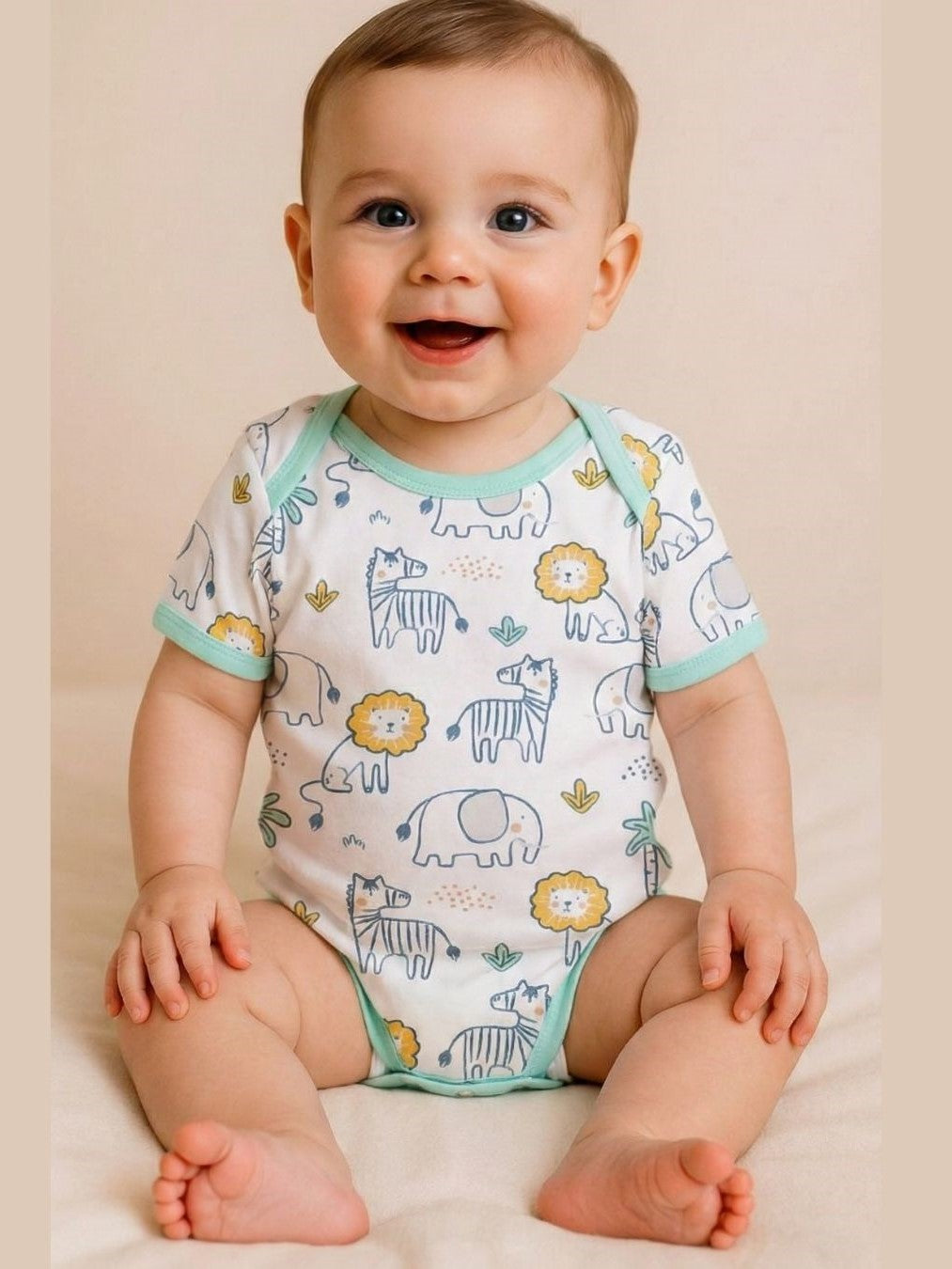 Kucci Short-sleeve, Printed and Plain Cotton Rompers (Pack of 3)(Mint Green)