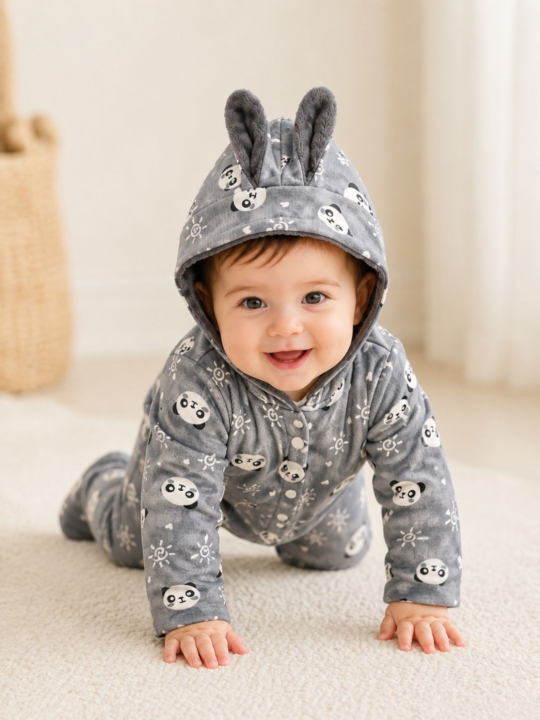 Panda Print Hooded Baby Winter Romper