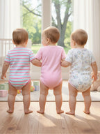 Kucci Short-sleeve, Printed and Plain Cotton Rompers Pack of 3(Pink)