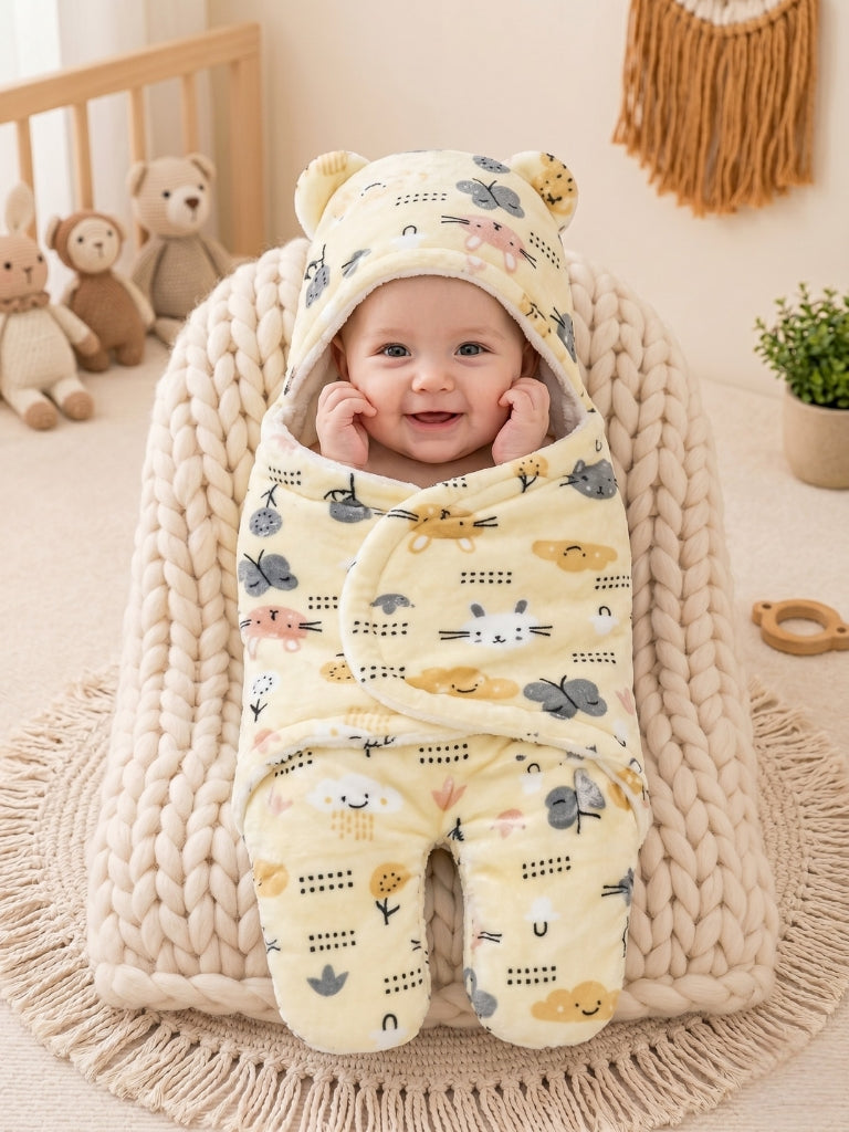 Soft Plush Hooded Printed Swaddle for Newborns