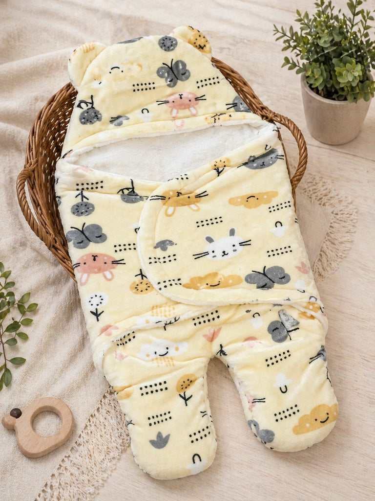 Soft Plush Hooded Printed Swaddle for Newborns