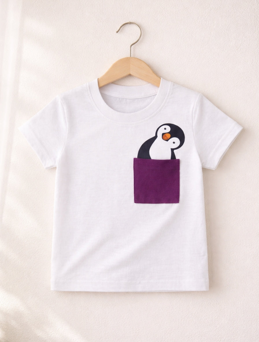 Kids White Cotton T-Shirt with Penguin Print for Boys & Girls