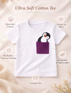 Kids White Cotton T-Shirt with Penguin Print for Boys & Girls