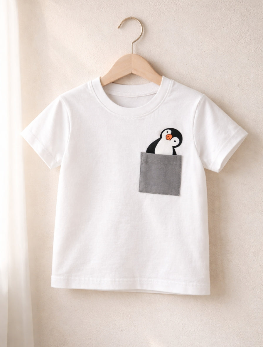 Kids White Cotton T-Shirt with Penguin Print for Boys & Girls