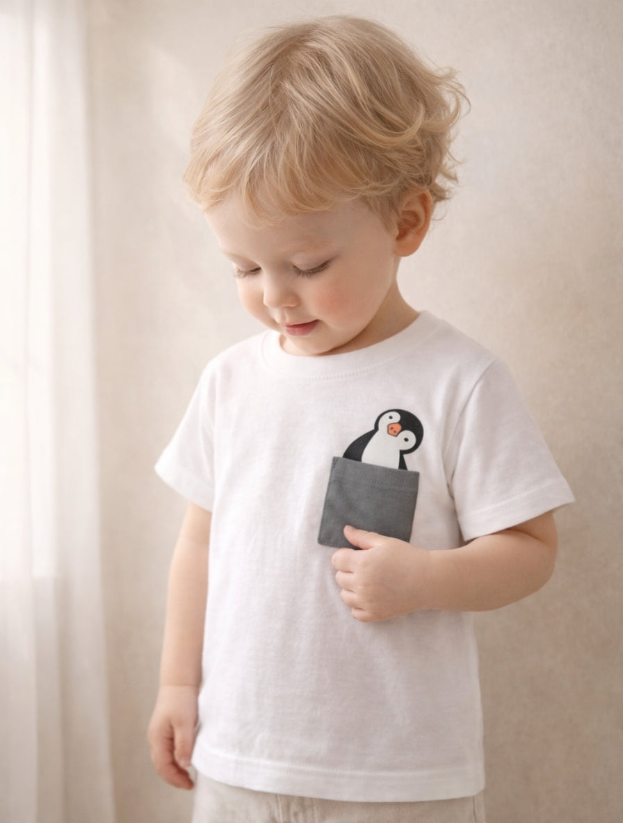 Kids White Cotton T-Shirt with Penguin Print for Boys & Girls