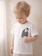 Kids White Cotton T-Shirt with Penguin Print for Boys & Girls