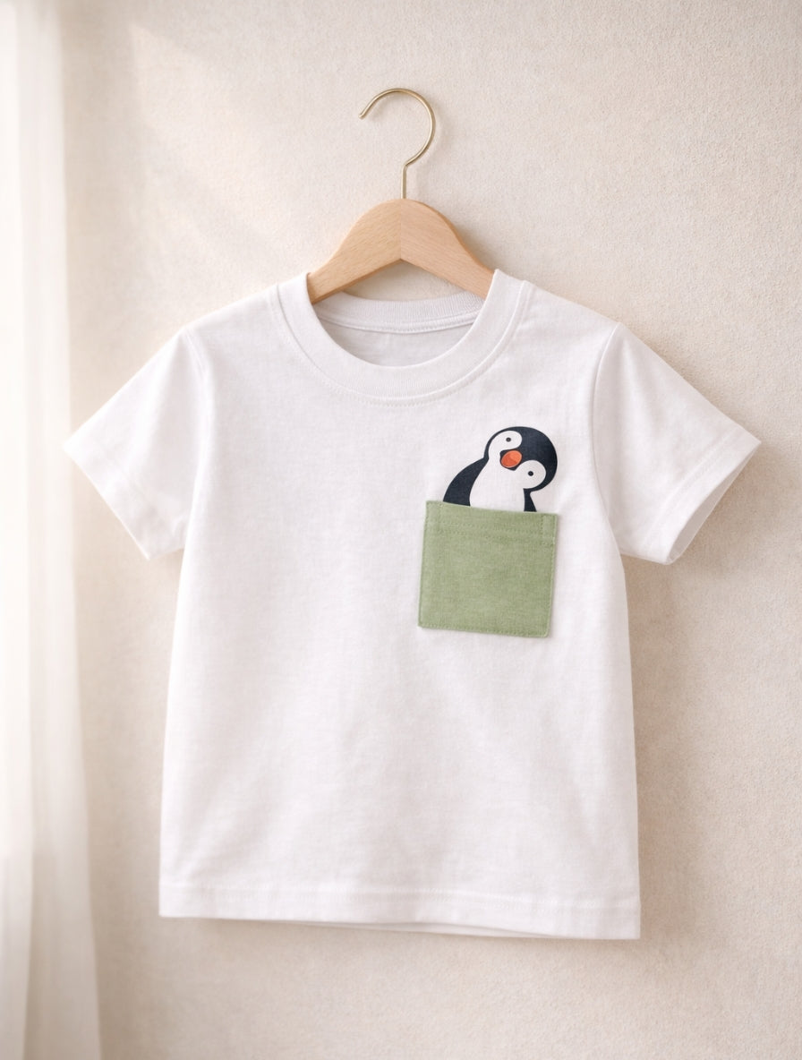 Kids White Cotton T-Shirt with Penguin Print for Boys & Girls