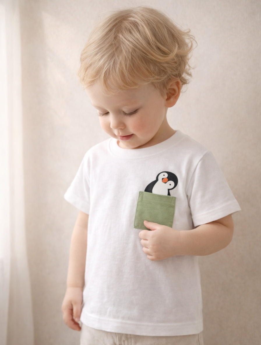 Kids White Cotton T-Shirt with Penguin Print for Boys & Girls