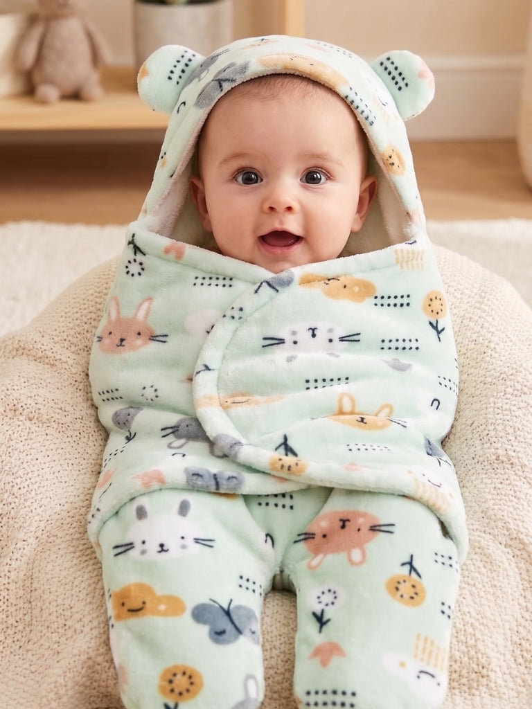 Soft Plush Hooded Printed Swaddle for Newborns