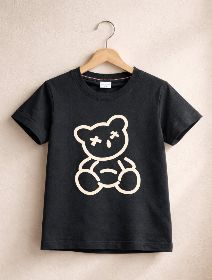 Kids Black Cotton T-Shirt with Teddy Bear Print for Boys & Girls