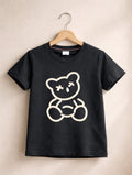 Kids Black Cotton T-Shirt with Teddy Bear Print for Boys & Girls