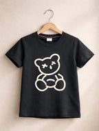 Kids Black Cotton T-Shirt with Teddy Bear Print for Boys & Girls