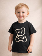 Kids Black Cotton T-Shirt with Teddy Bear Print for Boys & Girls