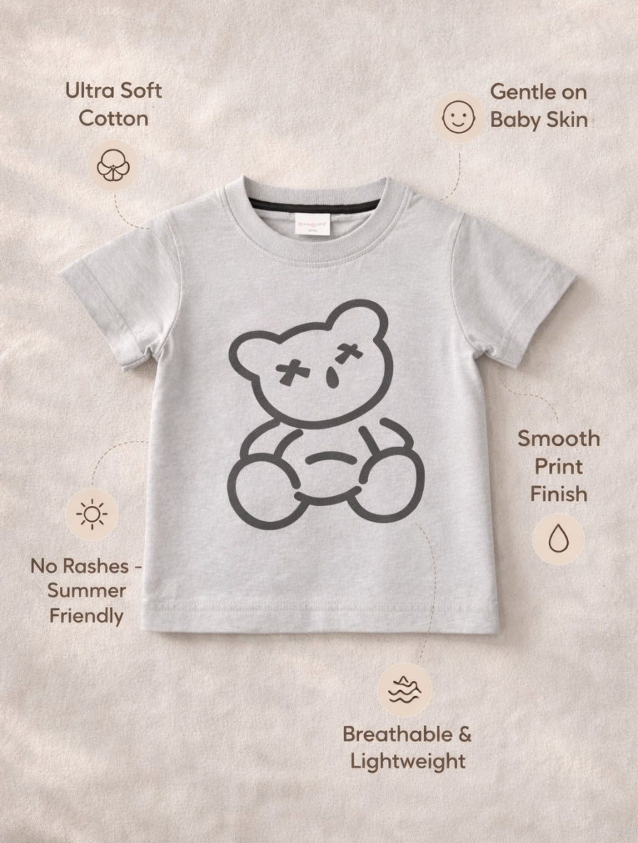 Kids Black Cotton T-Shirt with Teddy Bear Print for Boys & Girls