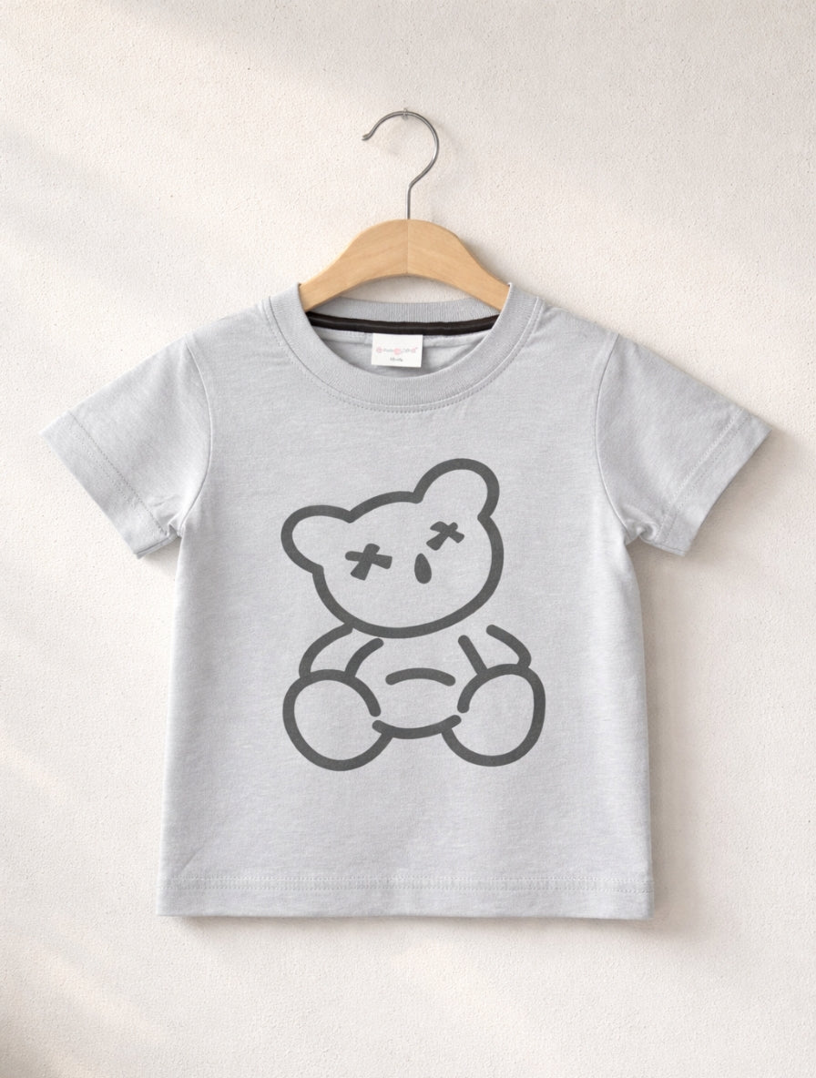 Kids Black Cotton T-Shirt with Teddy Bear Print for Boys & Girls