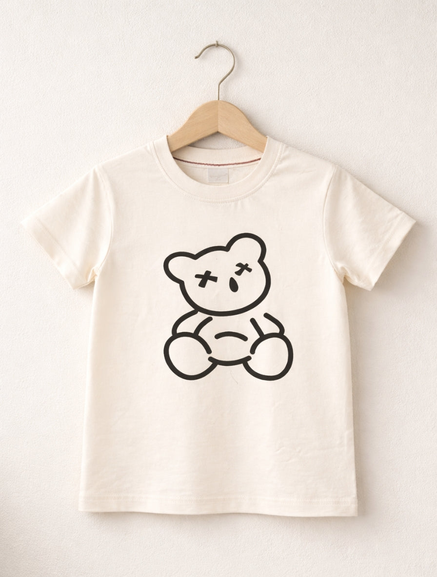 Kids Black Cotton T-Shirt with Teddy Bear Print for Boys & Girls