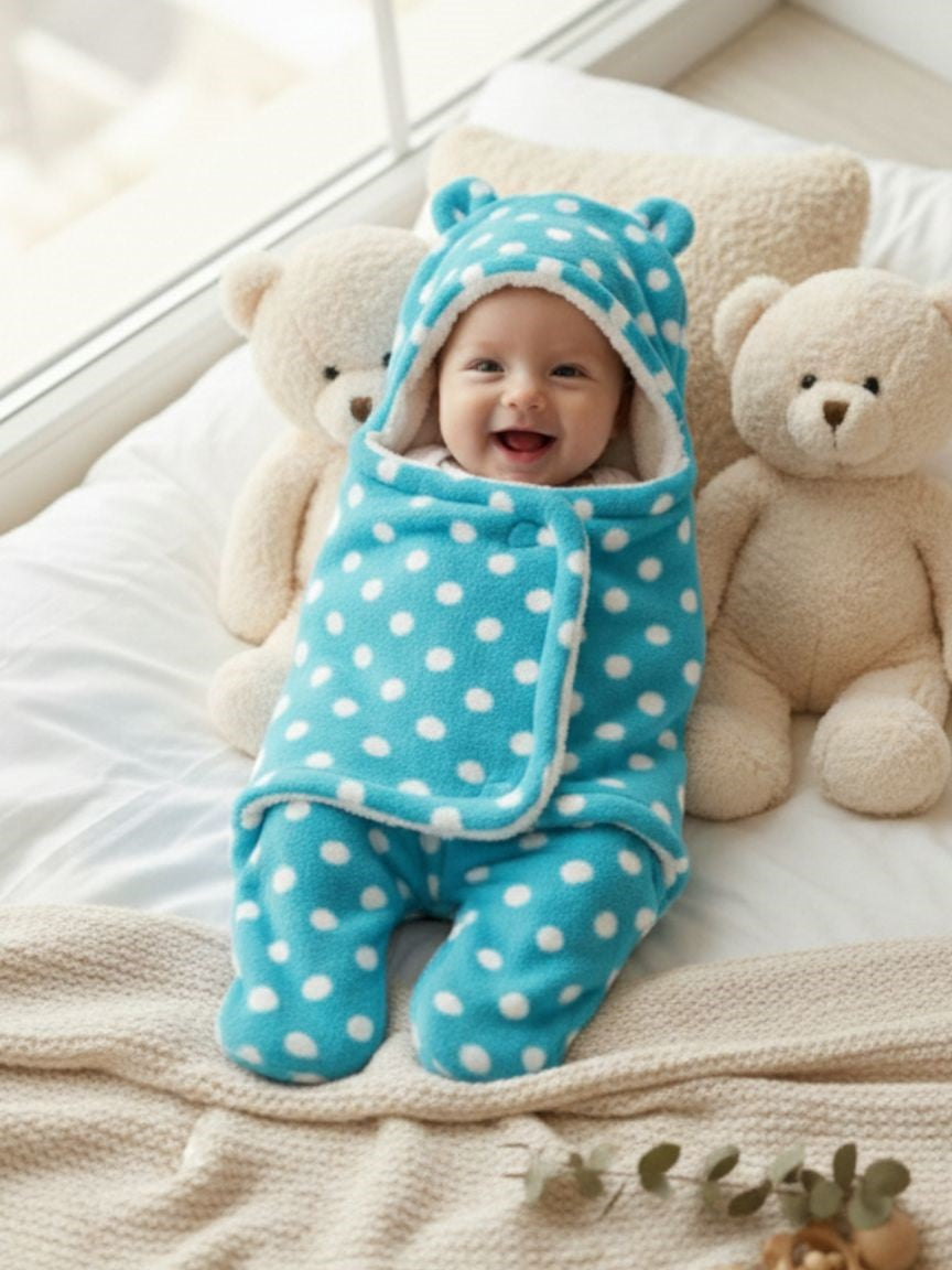 Soft Plush Winter Hooded Dot Print Swaddle for Newborns