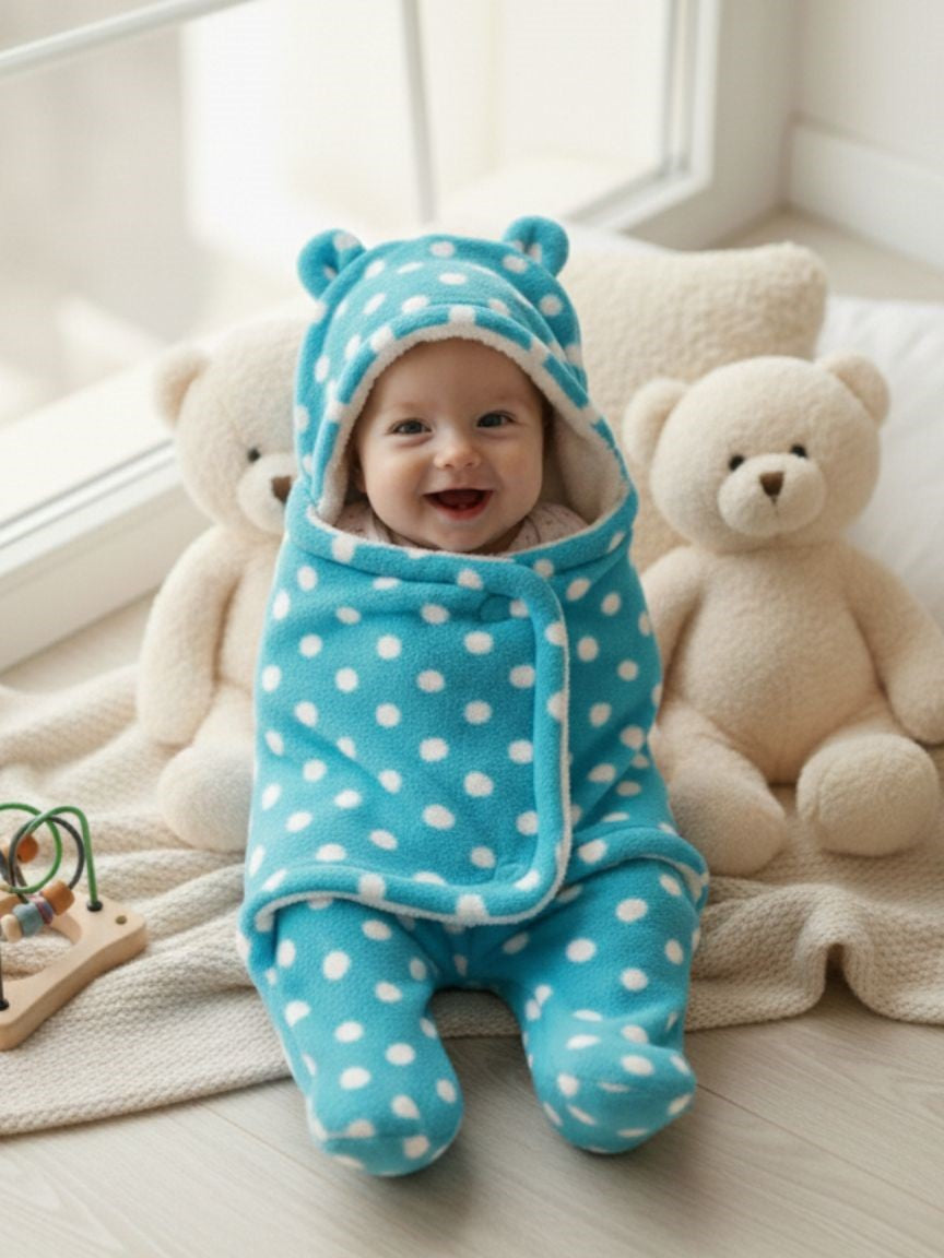 Soft Plush Winter Hooded Dot Print Swaddle for Newborns