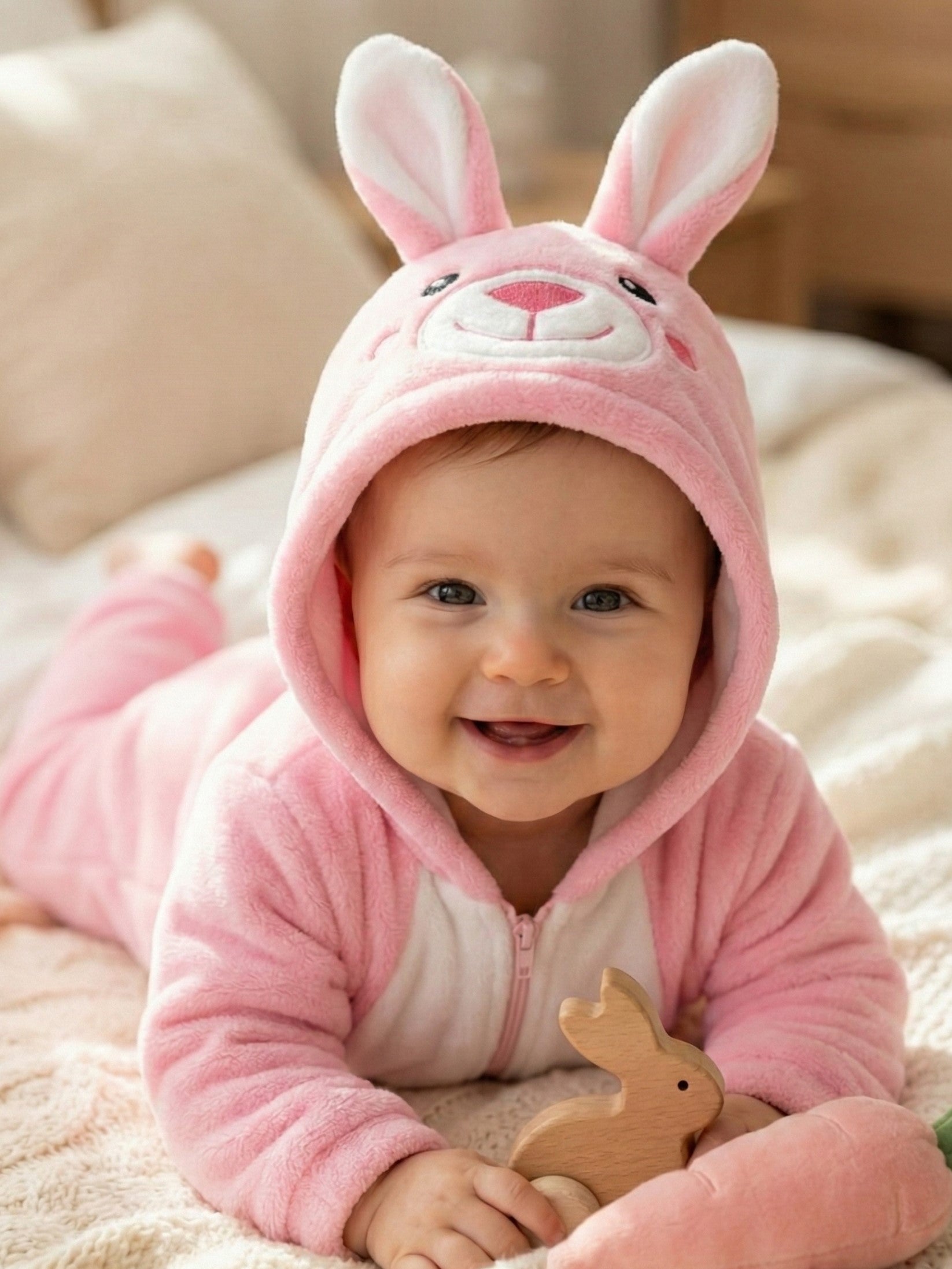 Pink Bunny Plush Hooded Baby Romper
