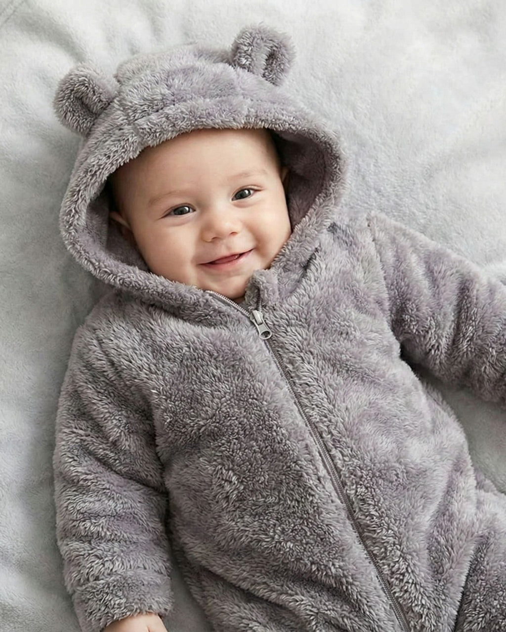 BabyZone Cozy Bear Hooded Plush Baby Romper