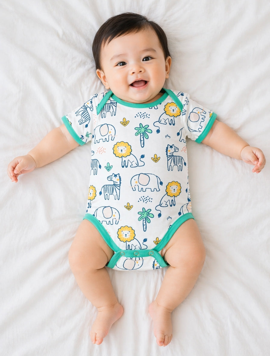 Kucci Short-sleeve, Printed and Plain Cotton Rompers (Pack of 3)(Mint Green)