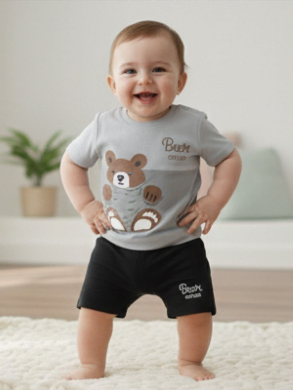 Bear Print Cotton T-Shirt & Shorts Set – Soft Summer Outfit for Baby