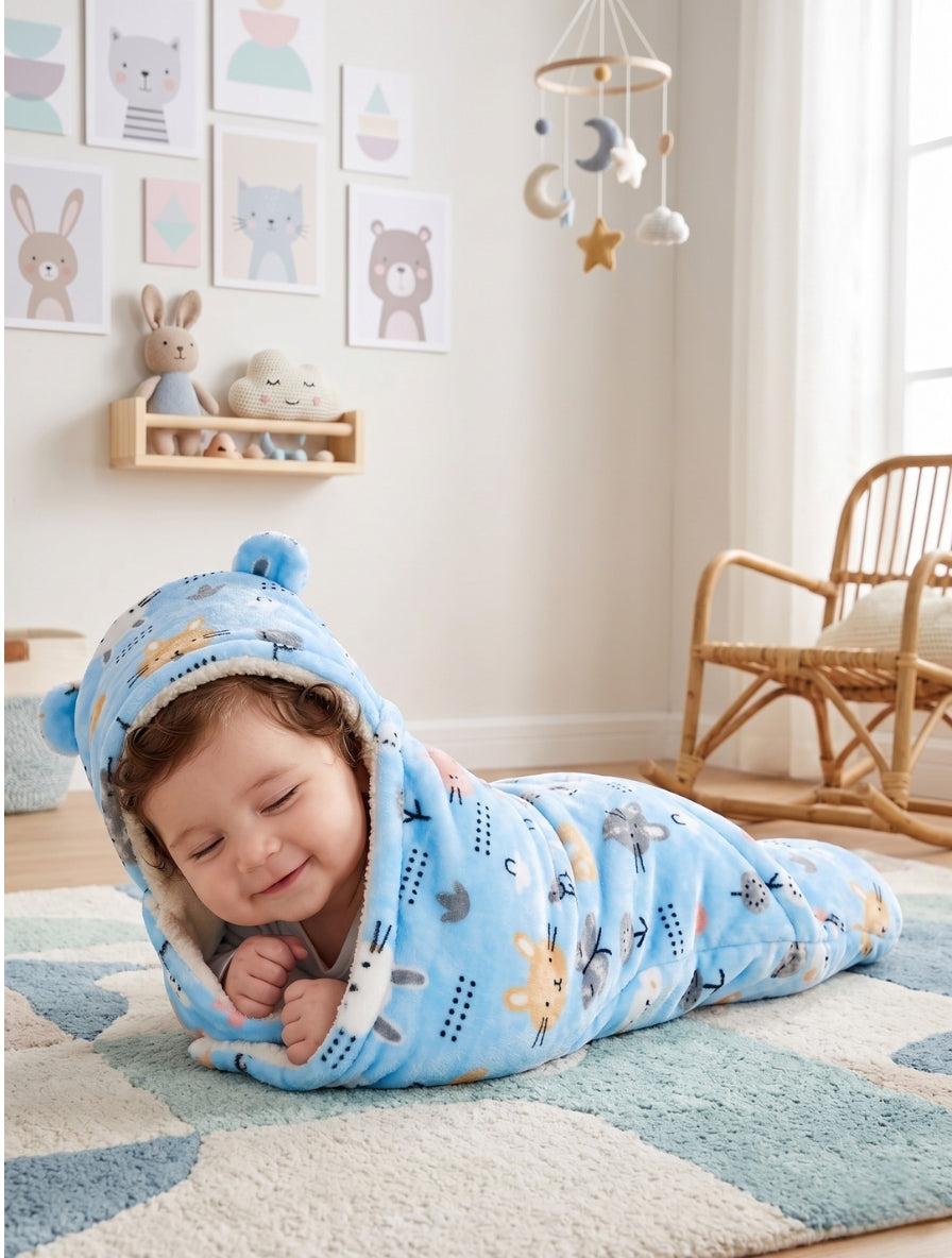 Soft Plush Hooded Printed Swaddle for Newborns