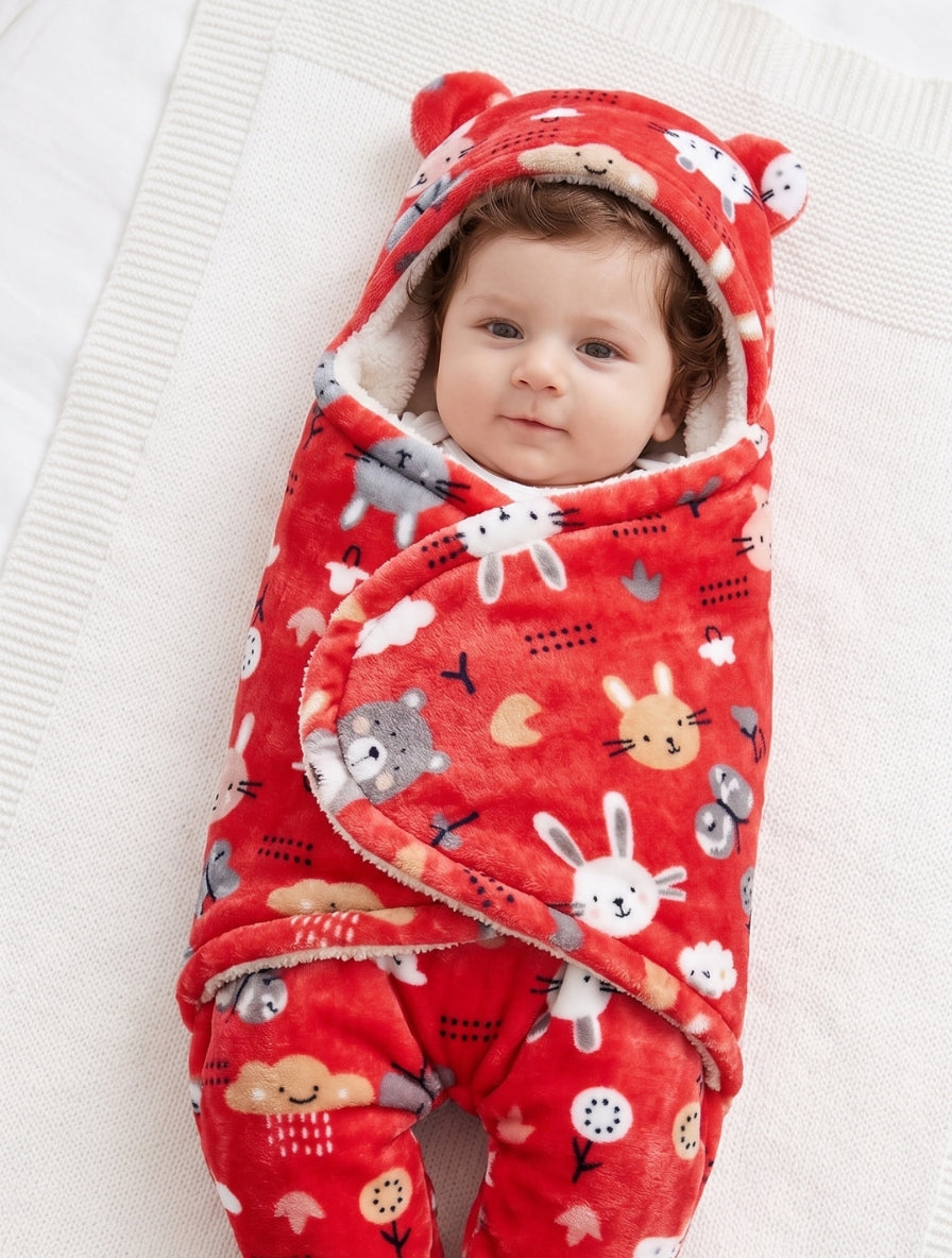 Soft Plush Hooded Printed Swaddle for Newborns