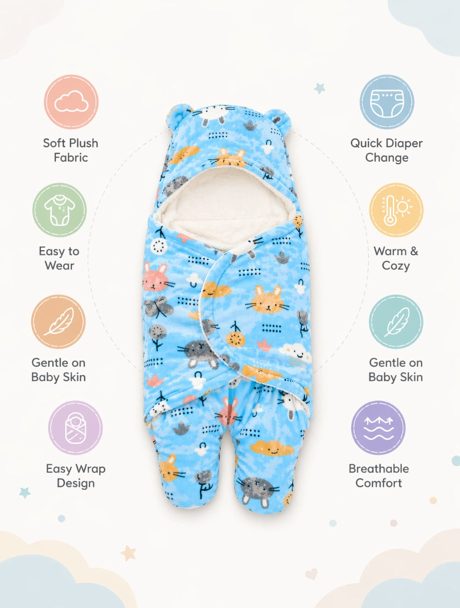 Soft Plush Hooded Printed Swaddle for Newborns